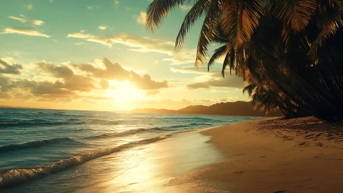 Golden tropical sunset bathes a serene palm-lined shoreline