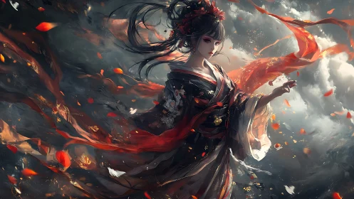 Storm-tossed kimono muse dancing through painted thunderclouds.
