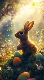 Golden light surrounds an Easter bunny guarding painted eggs