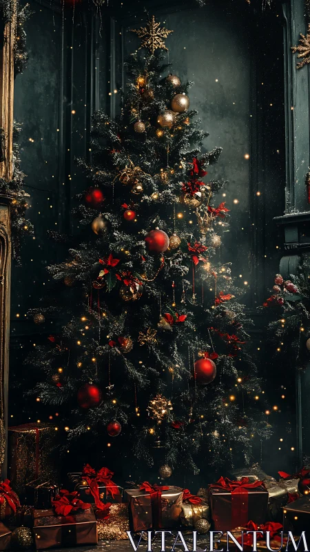 Luxurious dark interior Christmas tree with glowing bokeh lights.