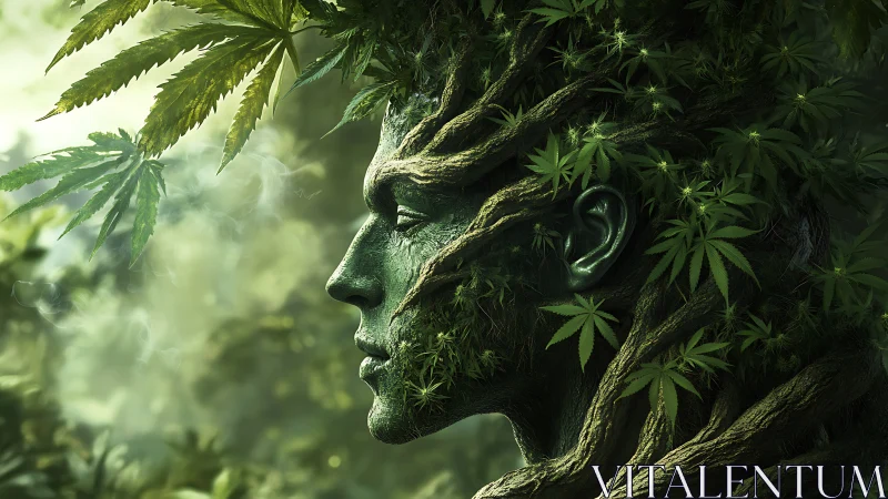 Human profile merges with dense foliage and intertwined roots