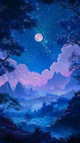 Moonlit valley landscape under starry sky framed by trees