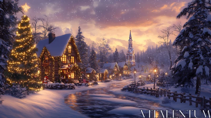 Snow covered village street is illuminated by winter lighting