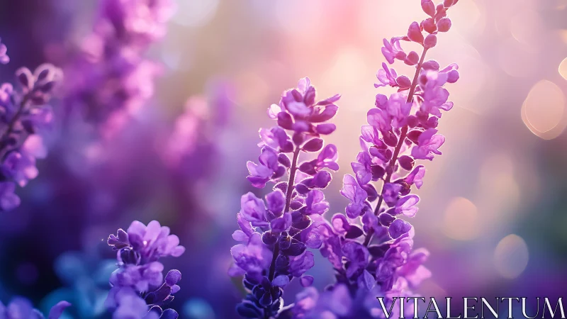 Purple lupine flowers with soft bokeh background light