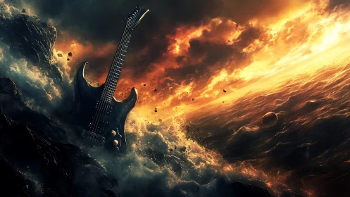 Electric guitar rises from stormy ocean under blazing sky.
