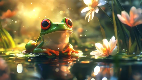Tree frog resting in pond among soft glowing flowers.
