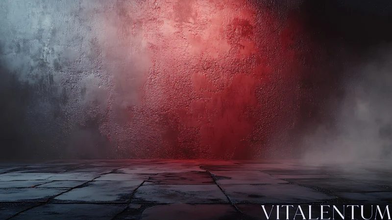 Wet concrete floor and textured red wall with atmospheric fog
