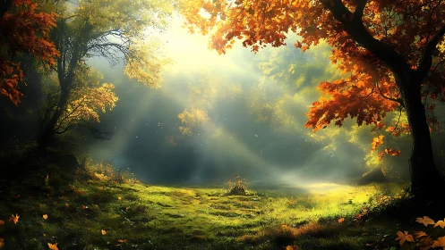 Autumnal Forest Canopy with Crepuscular Light Rays. Golden Hour Illumination