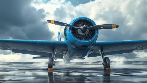 Vintage blue propeller airplane on wet runway under clouds.