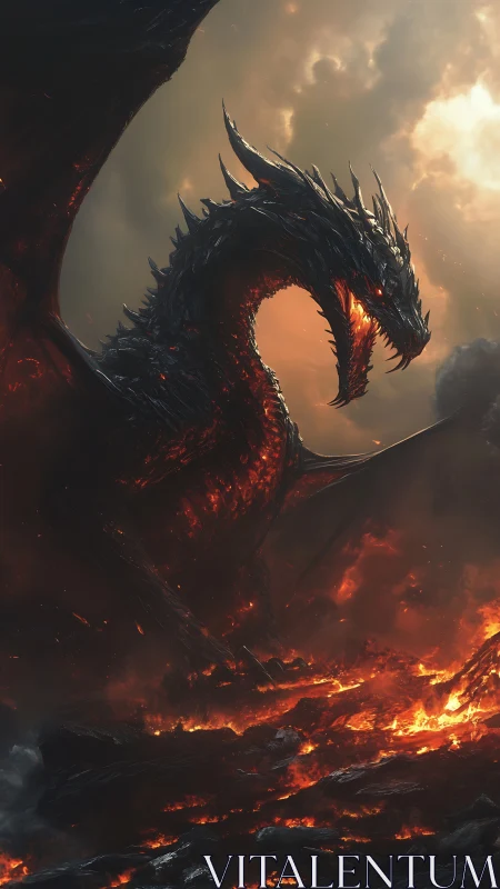 Volcanic obsidian dragon emerging from molten lava field.