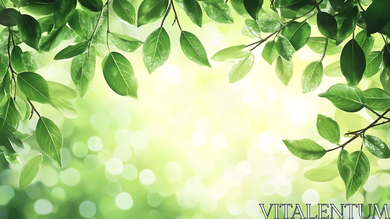 Sunlit green leaves frame glowing spring bokeh background.