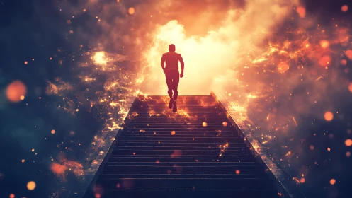 Silhouetted figure ascends glowing stairs into blazing light