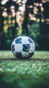 Soccer ball rests on dewy pitch under soft evening bokeh.