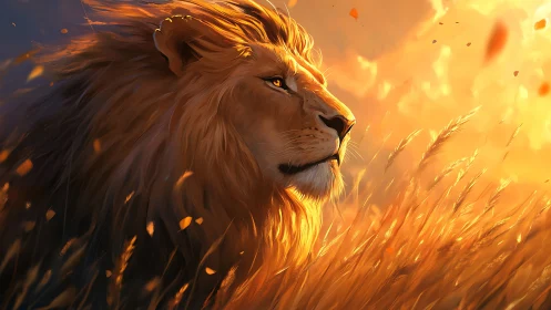 Golden sunset lion gazes calmly across glowing savanna