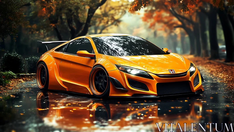 Autumn-forged Honda supercar blazing through golden rain.