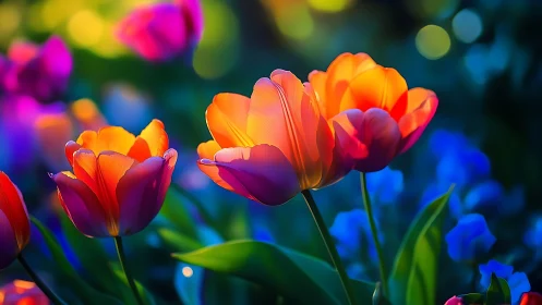 Luminous gradient tulips with bokeh background depth.