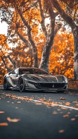 Low-angle view shows dark sports car on tree-lined road