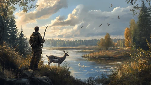 Hunter with bow observes autumn wetland under volumetric clouds