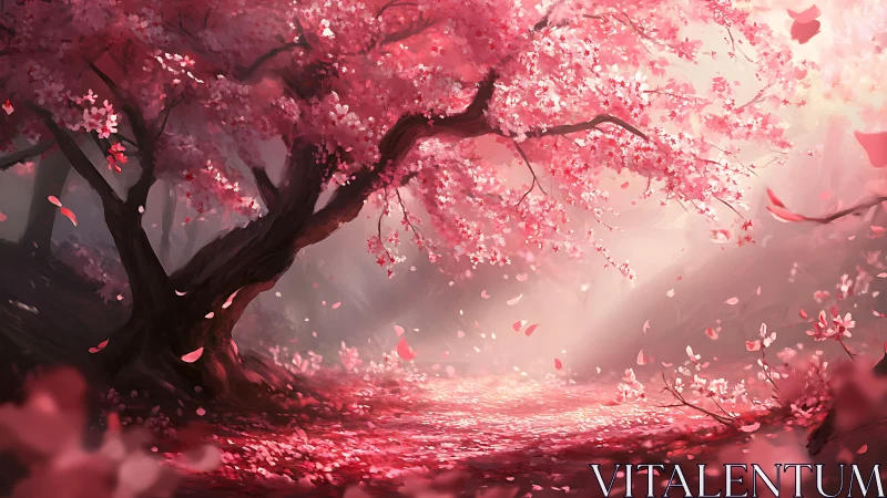 Pink blossom forest path under arching cherry trees.