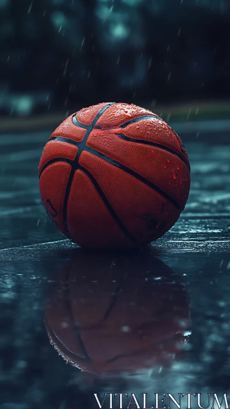 Wet basketball resting on outdoor court in steady rainfall.