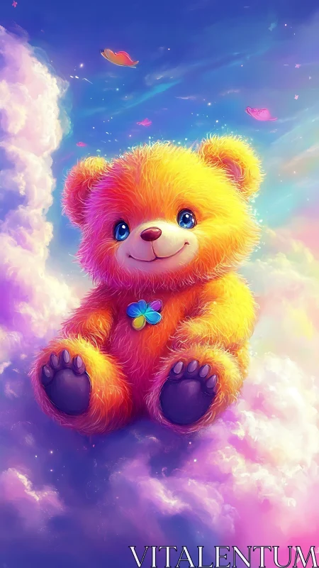 Rainbow teddy bear floats in glowing pastel dream sky.