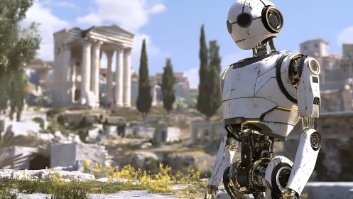 Bipedal exploration robot in sunlit Roman ruin environment.