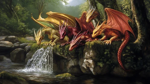Chromatic forest dragons gather over mossy waterfall