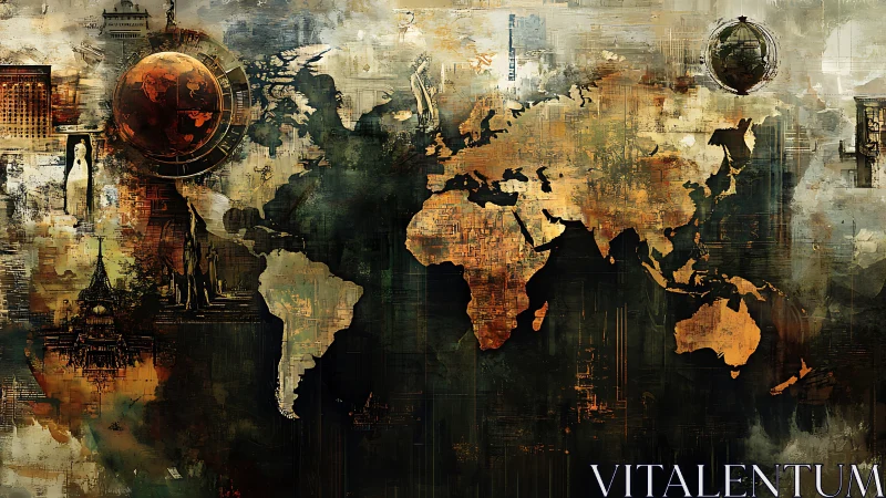 Abstract geopolitical world map merges cartography and urban texture