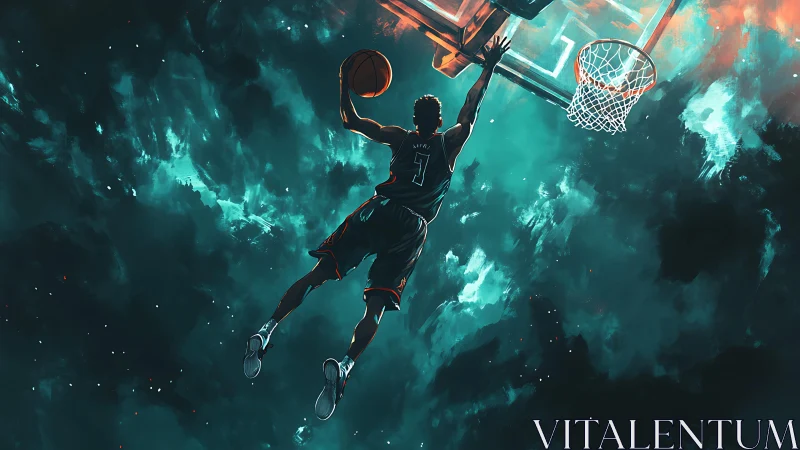 Basketball player soars toward glowing rim in cosmic court