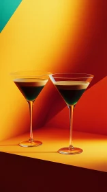Two Martini Glasses with Dark Cocktail Against Gradient Background.