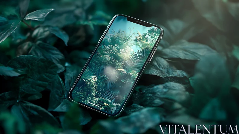 Smartphone screen opens lush digital jungle in leafy bed