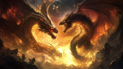 Twin fire dragons collide above molten battlefield inferno.