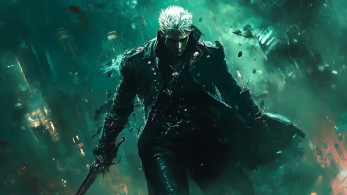 Storm-lit warrior strides through swirling emerald chaos