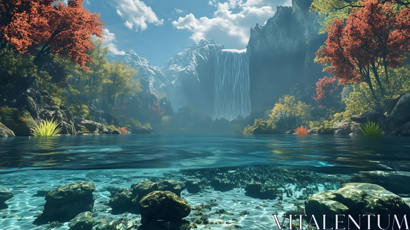 Calm lake with clear water and distant mountain waterfall.
