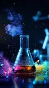 Photorealistic lab flask with neon vapor and chemical splash.
