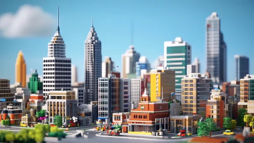 Voxel-style LEGO cityscape with depth-of-field and modular blocks