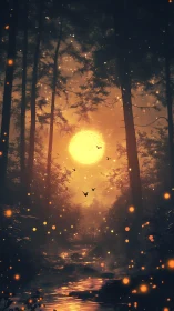 Forest stream under large sun with scattered glowing particles.