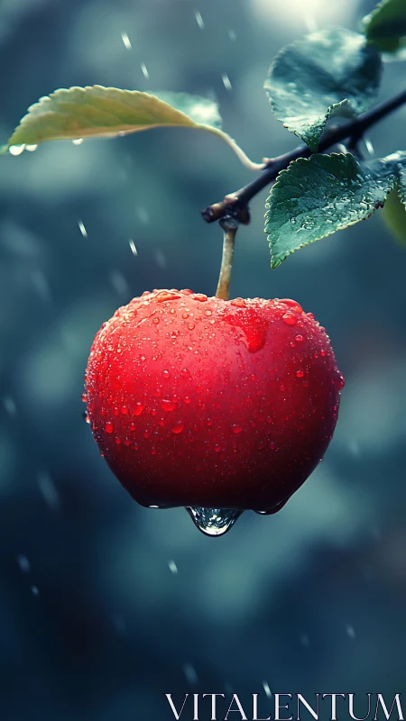 Rain-soaked red apple hanging from branch in close-up.