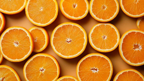 Orange halves lie flat in a tight, evenly lit grid layout.