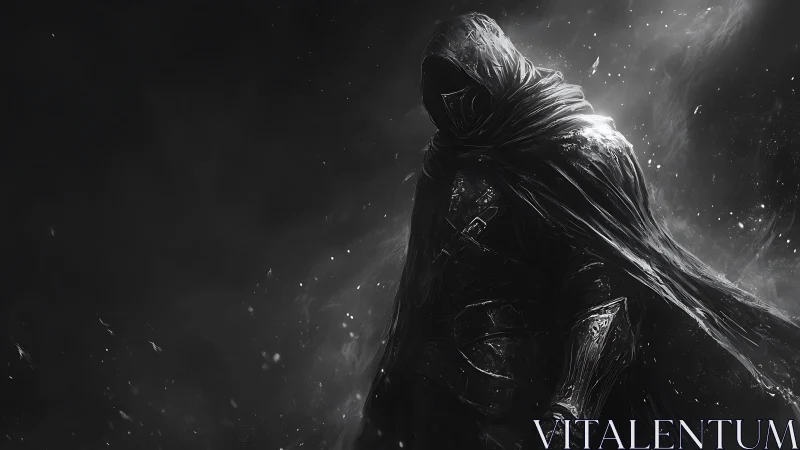 Shadowed cloaked warrior steps from swirling silver darkness