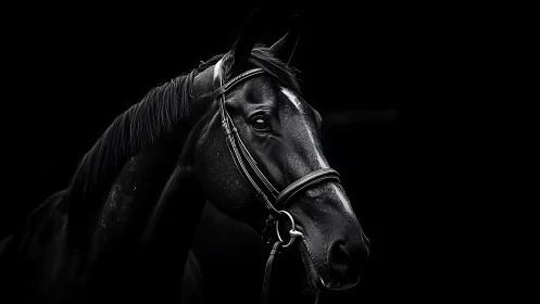 Midnight stallion emerges from shadow in sculpted light.