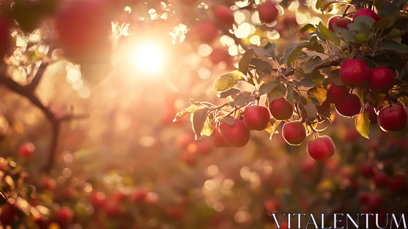 Sun-drenched apple boughs glowing in a golden harvest haze.
