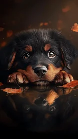 Puppy portrait with reflective water surface and autumn leaves