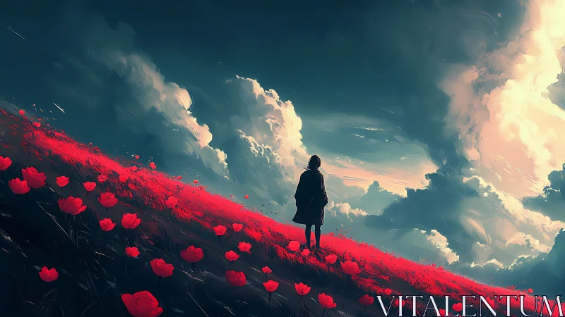 Solitary figure overlooking crimson poppy hillside at dusk.