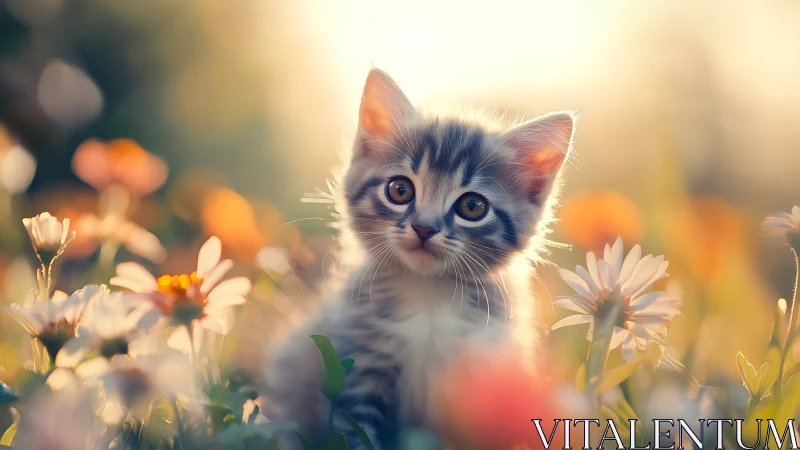 Kitten discovers wonder amid blooming daisy realm