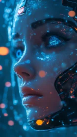 Cybernetic female portrait with neon bokeh and wet specular skin
