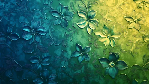 Embossed teal and golden floral relief in gradient light.