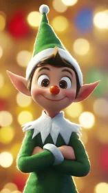 Cheerful young Christmas elf posed against bokeh lights.
