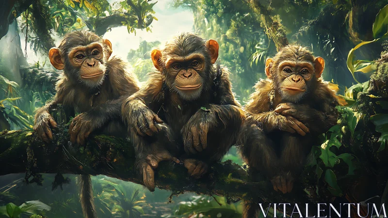 Three young chimpanzees rest on mossy jungle branch