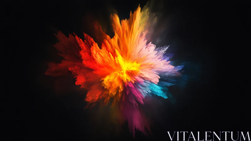 Exploding multicolor paint burst on deep black background.